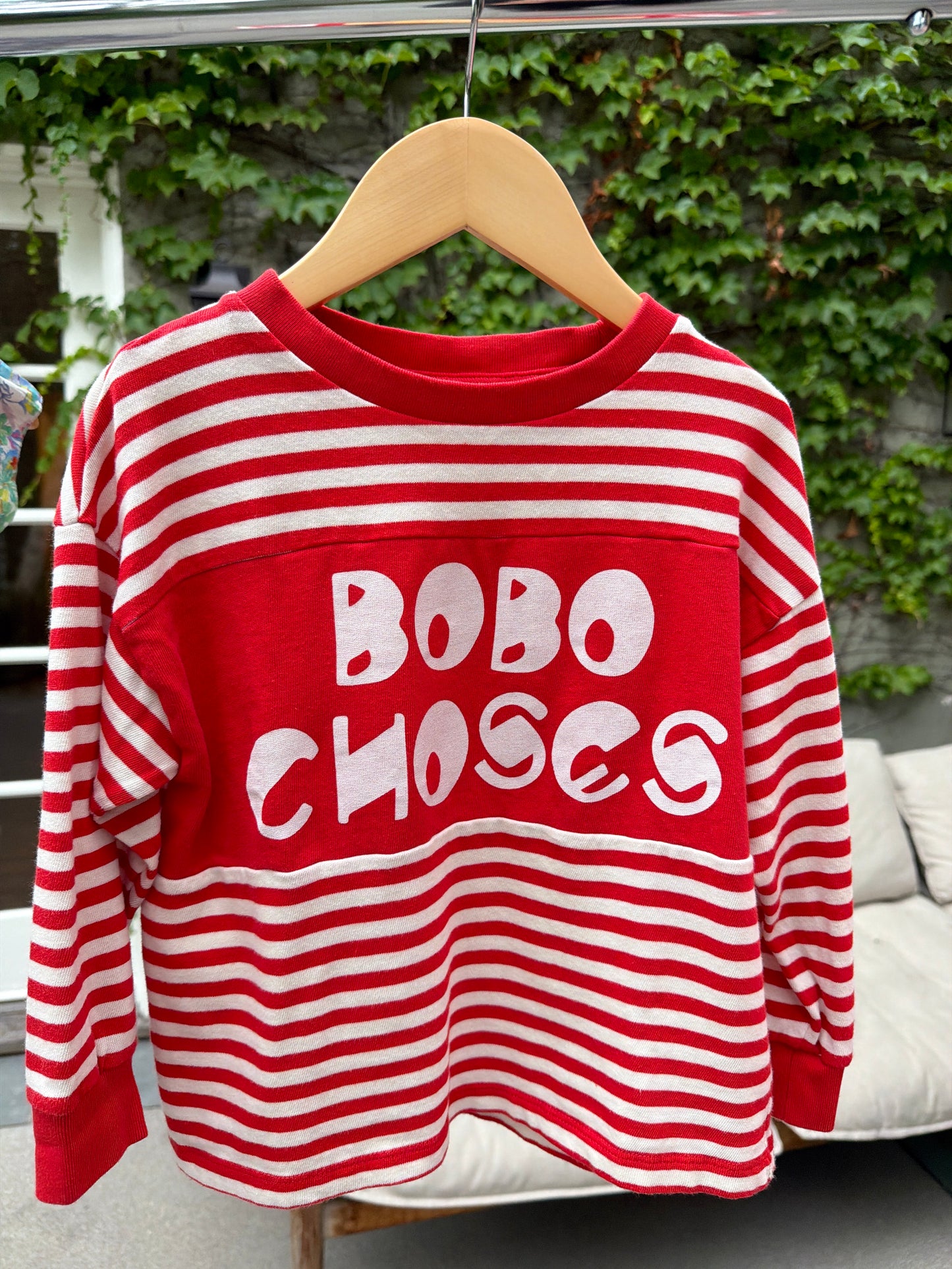 BOBO CHOSES Red/White Stripe Logo Long Sleeve, Size:4/5Y