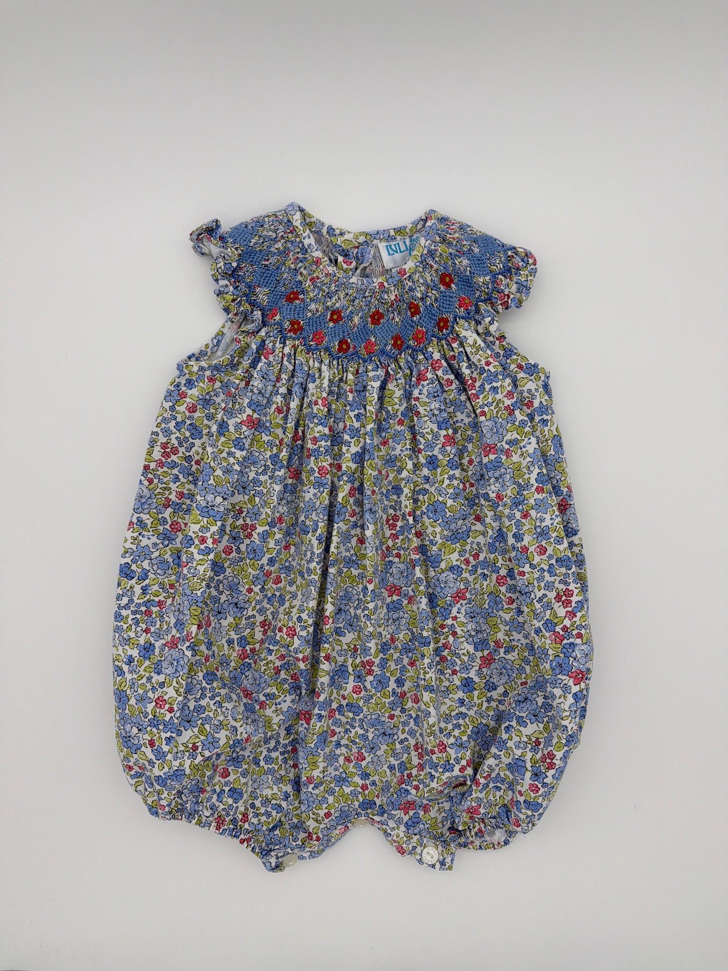 Luli & Me Blue Floral Smock Onesie, Size:6M